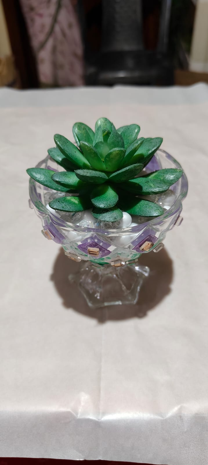Painted Glass Pot With Fake Succulent